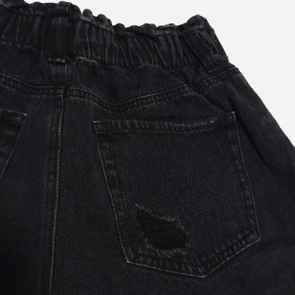 Forever 21 Black Distressed Elastic High Waist Mom Baggy Fest Denim Shorts - Picture 3 of 7